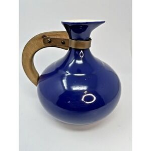 Vintage Red Wing Pottery Cobalt Blue Carafe Pitcher 565 Wood Handle  8" High